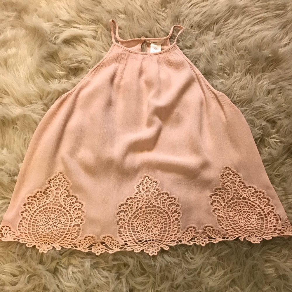 Pale pink halter tank top with lace detail. Size M